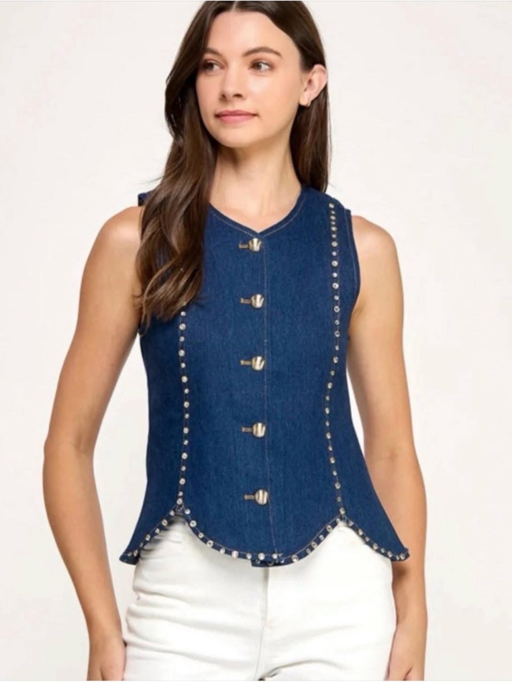 Pastels Dark Blue Denim Studded Button Front Vest